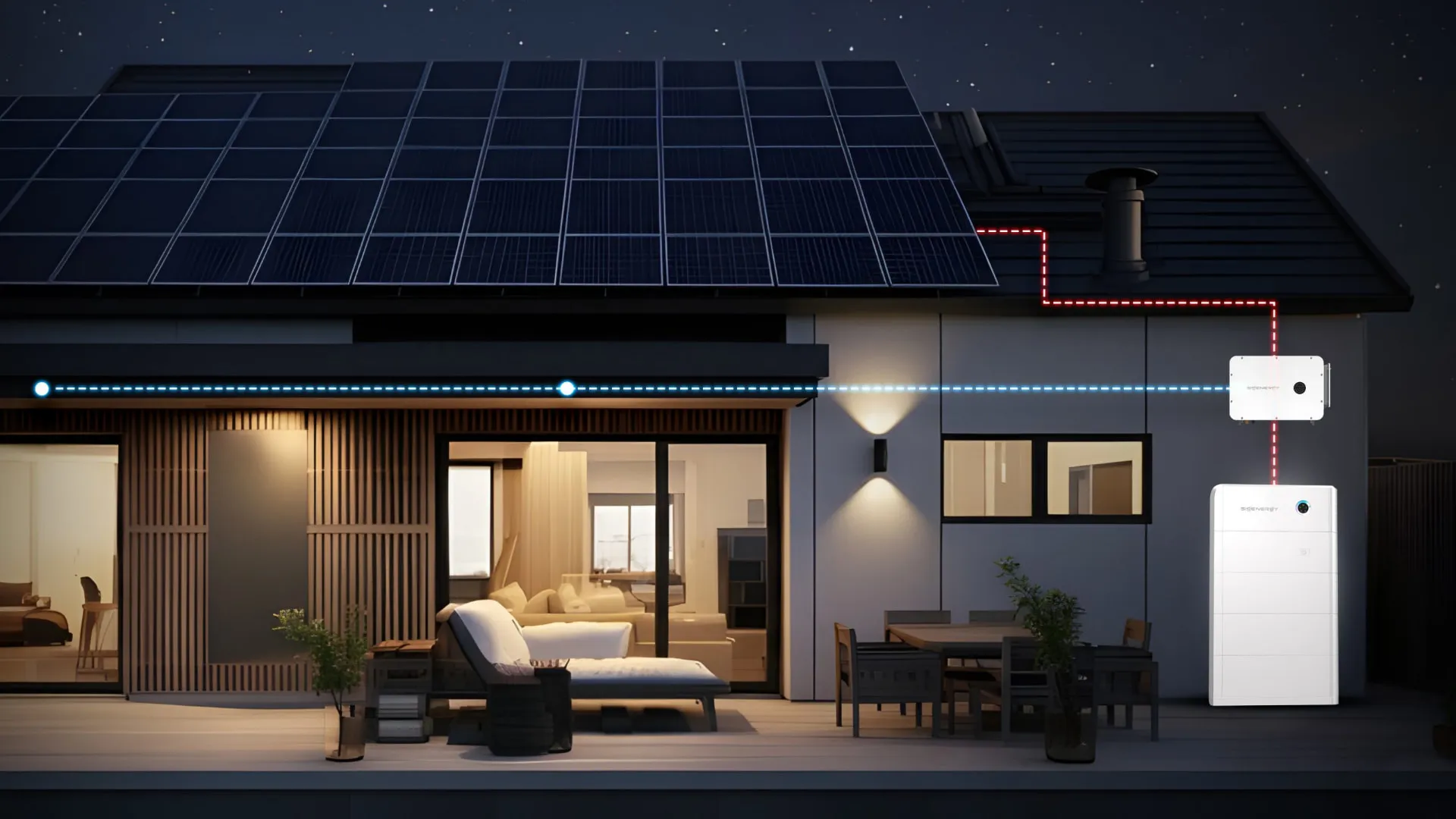 Home battery storage unit installed beside a solar powered house at night