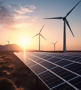 Solar panels and wind turbines generating renewable energy at sunset