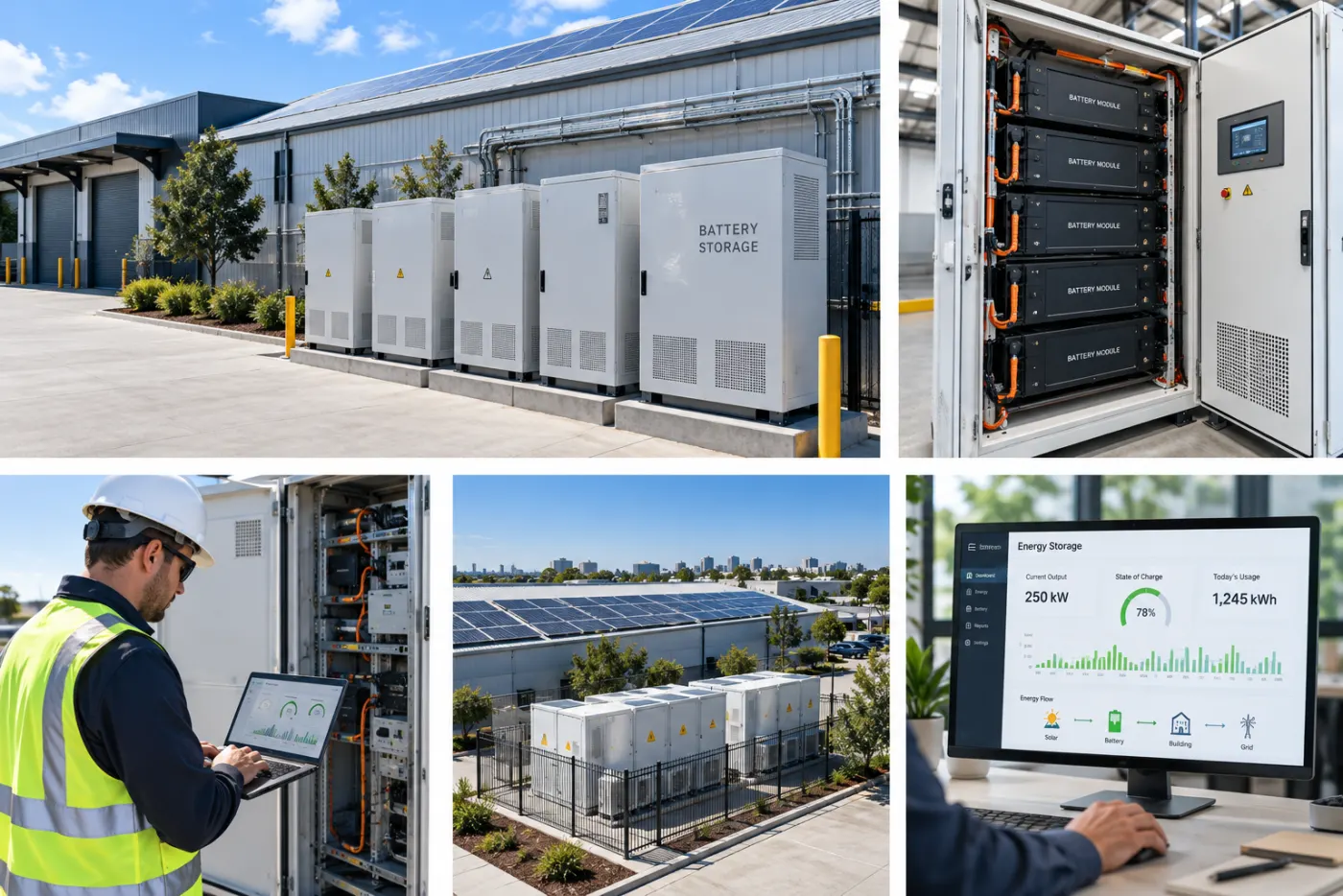 Commercial battery storage system, modules and energy monitoring dashboard overview