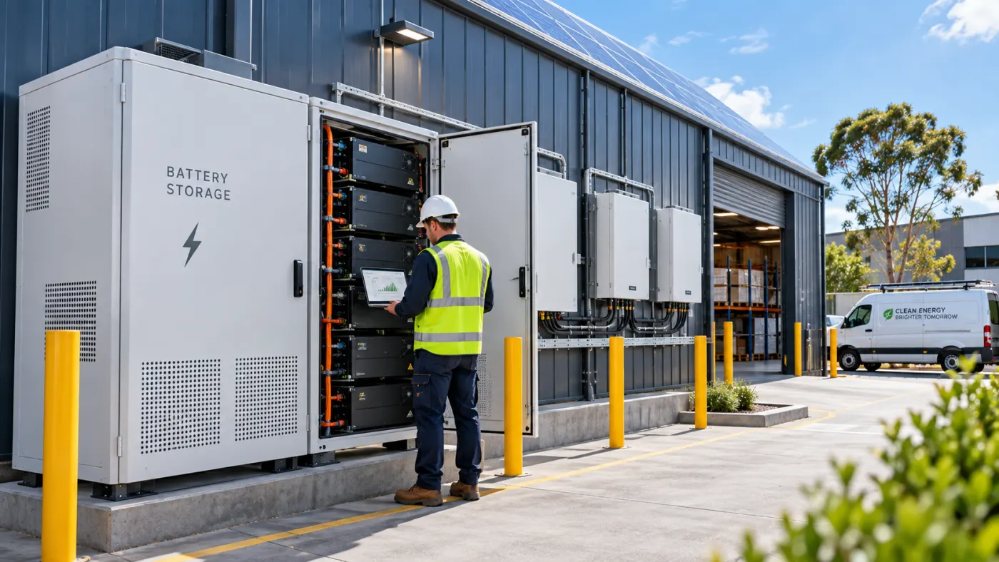 Commercial battery storage cabinet with a technician monitoring performance beside rooftop solar