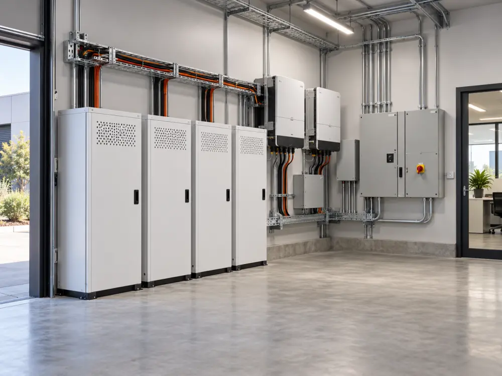 Commercial battery storage cabinets installed indoors in a plant room