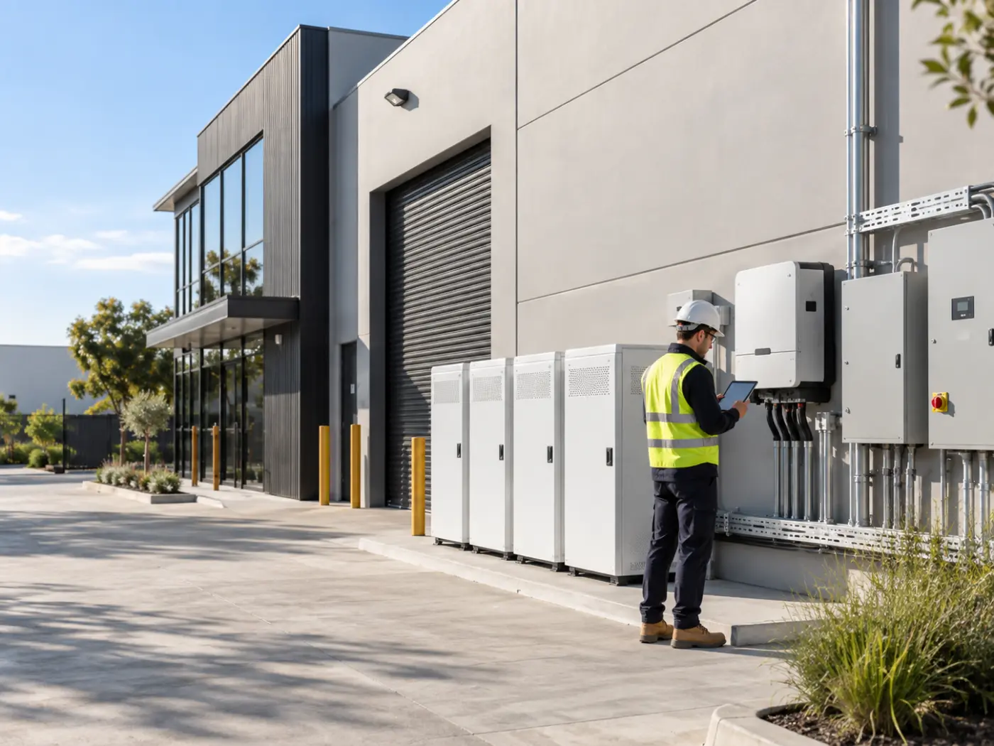 Technician monitoring a commercial battery storage system with a tablet