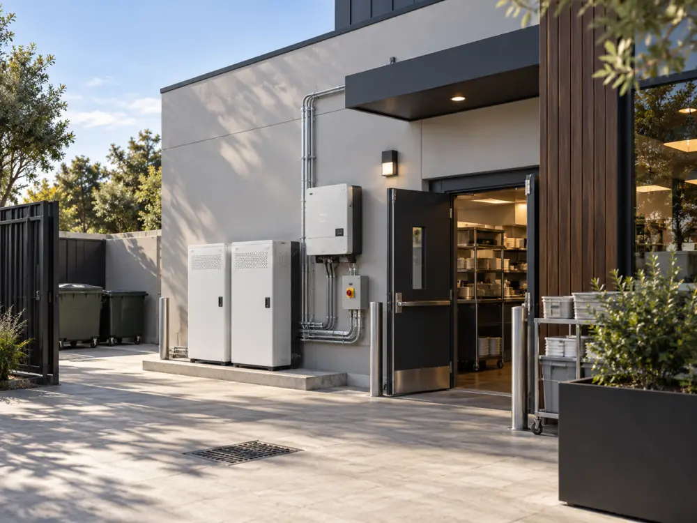 Commercial battery storage cabinets installed beside a restaurant kitchen