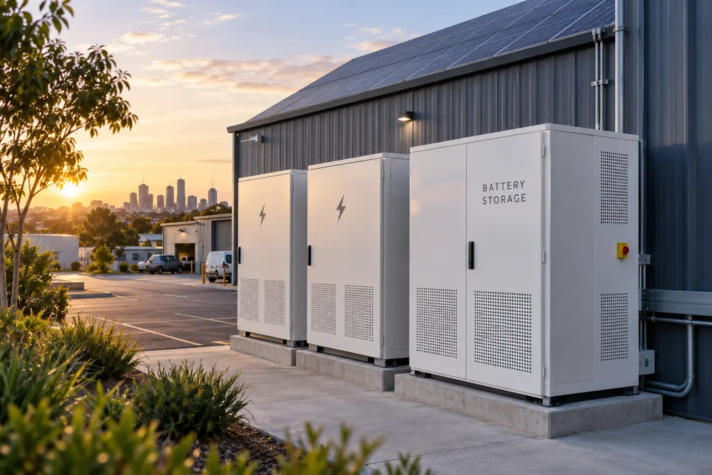 Commercial battery storage cabinets beside a warehouse at sunset with the Melbourne skyline