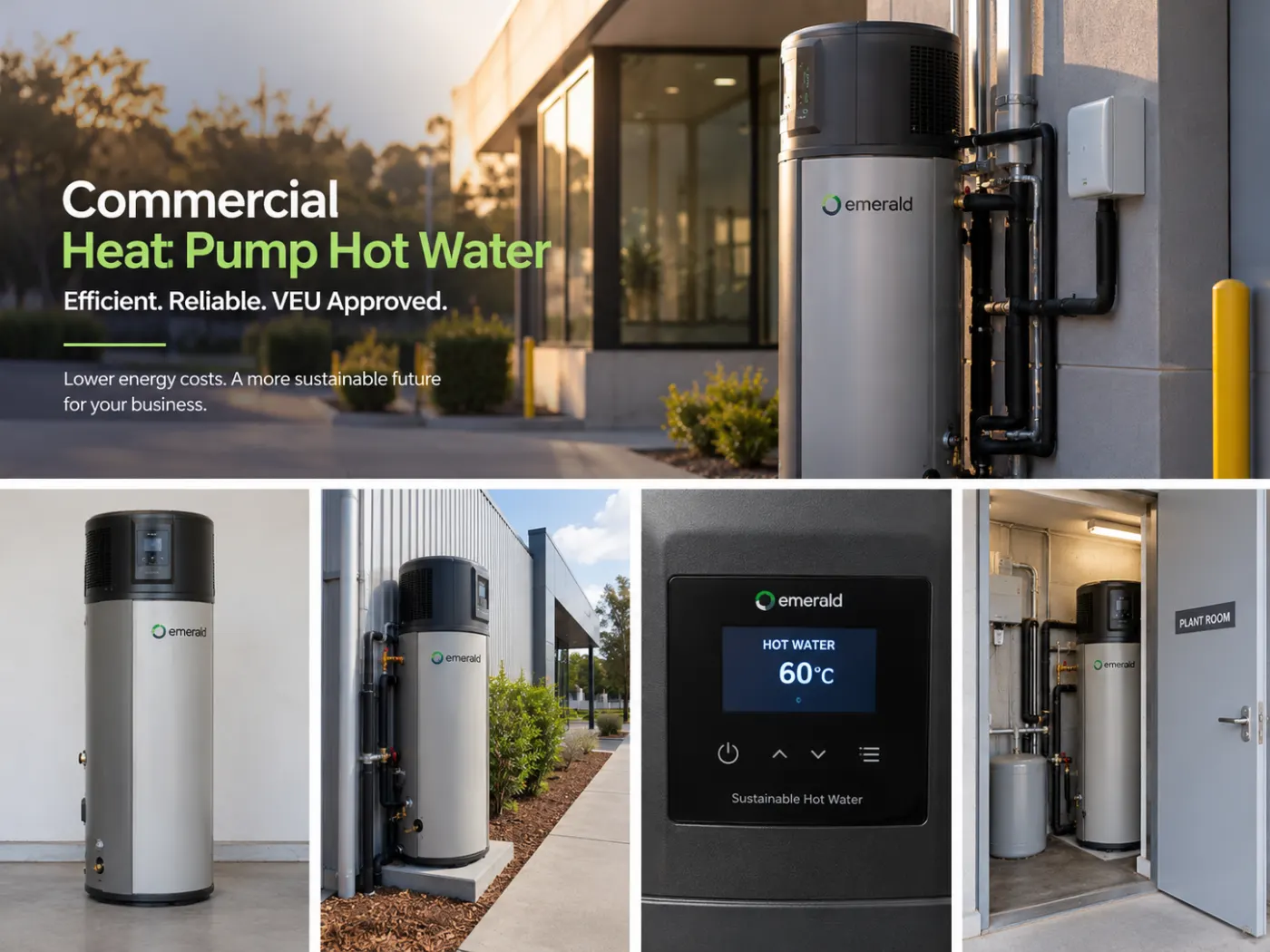 Commercial heat pump hot water system overview and control panel