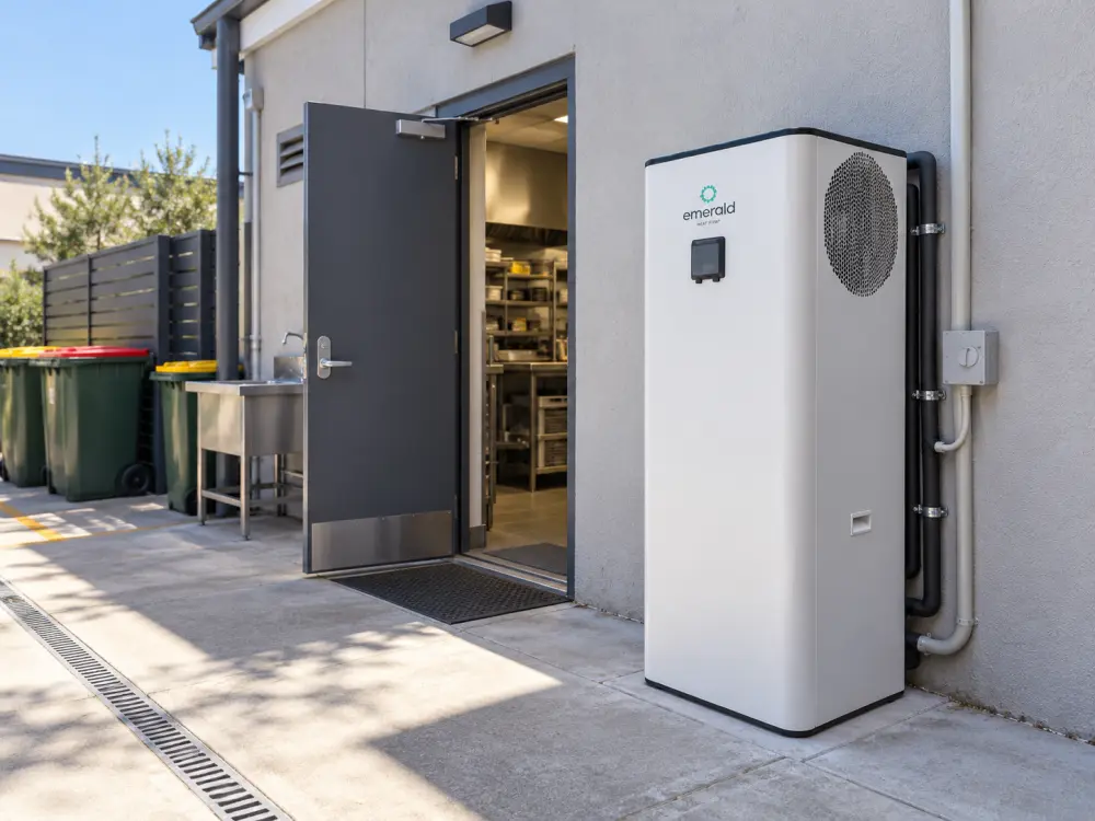 Commercial heat pump hot water unit installed beside a kitchen entrance
