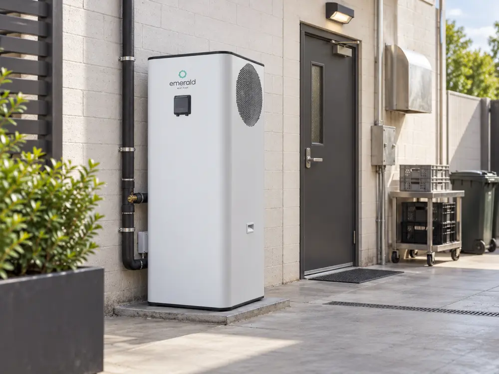 Commercial heat pump hot water unit installed beside a business entrance