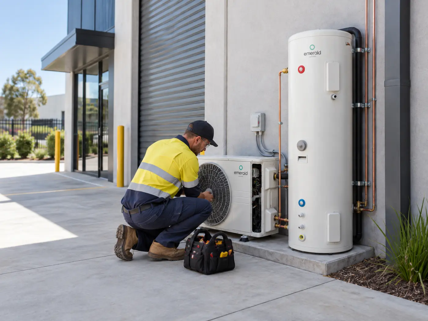 Technician installing a commercial heat pump hot water unit outside a business