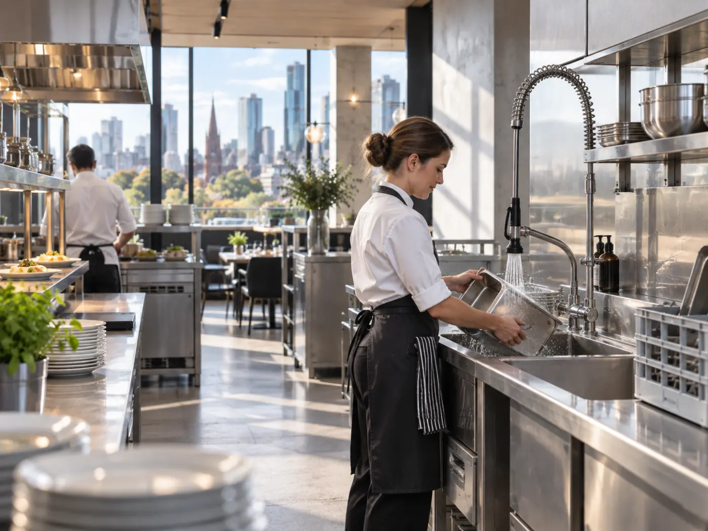 Commercial kitchen staff using hot water at a stainless steel sink
