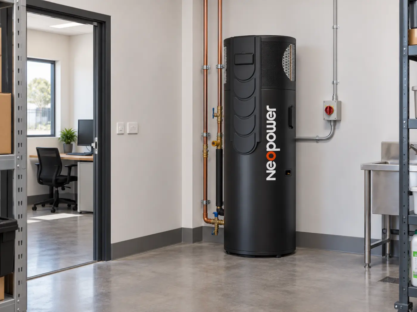 Commercial heat pump hot water unit installed in a plant room
