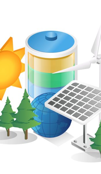 Illustration of solar panels, wind turbine and a battery storing renewable energy