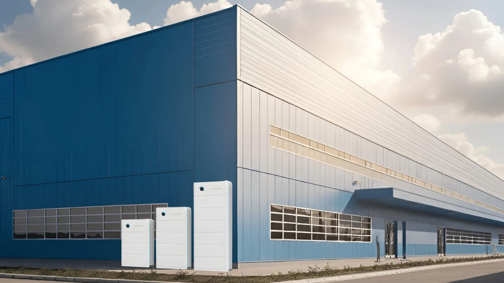 Commercial battery storage units beside a warehouse