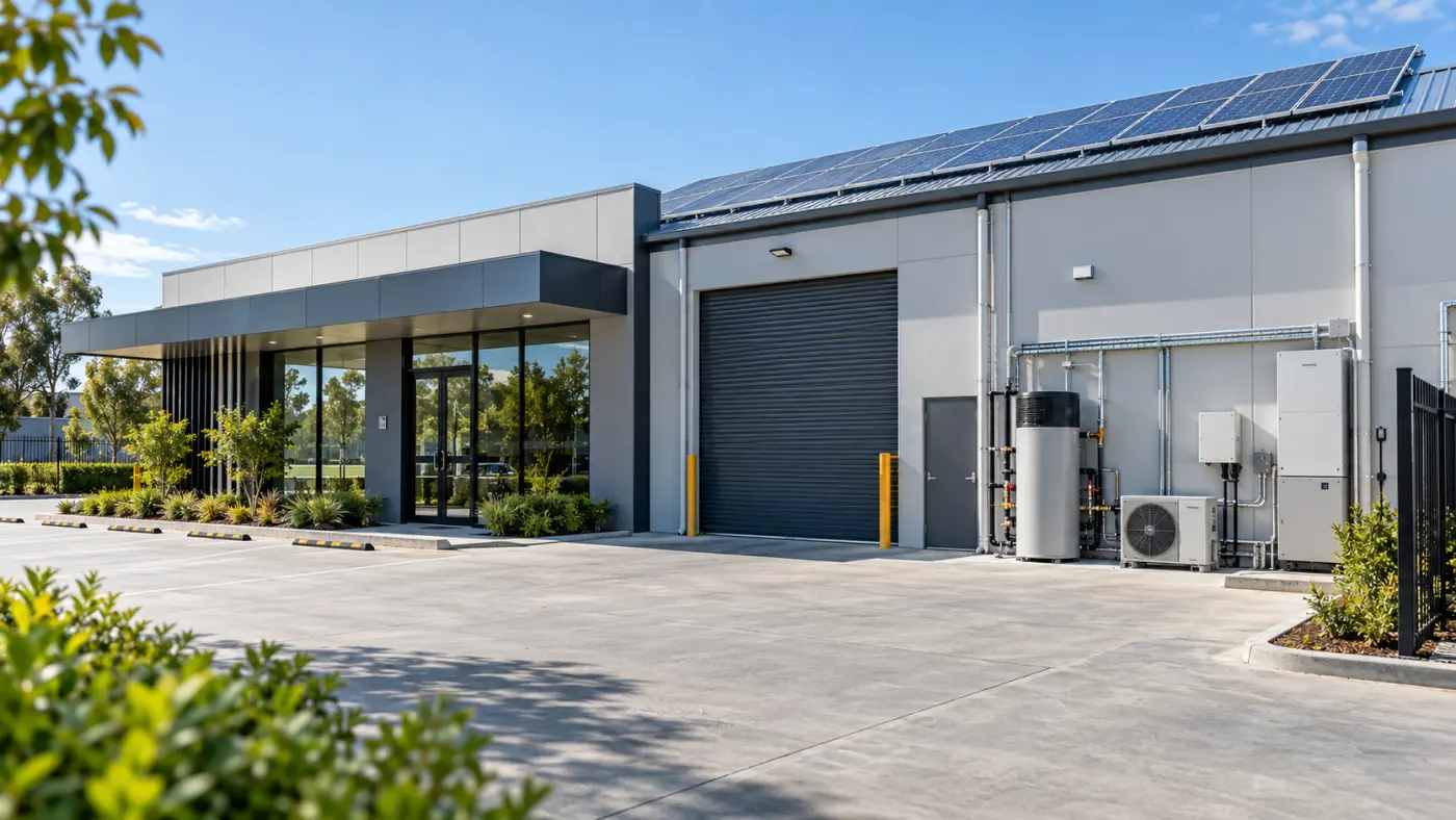 Commercial building with rooftop solar, heat pump and battery storage installed