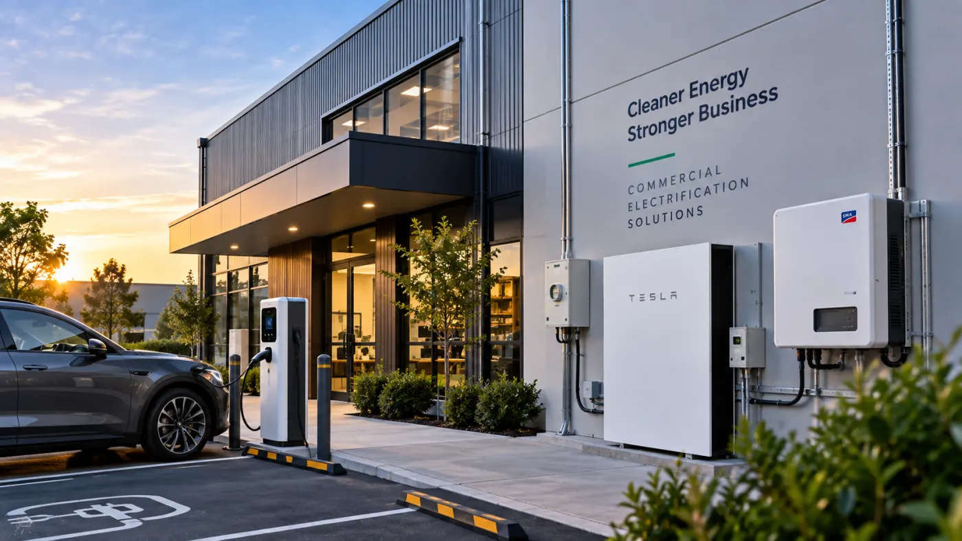 Commercial electrification solutions: battery storage and EV charging outside a business