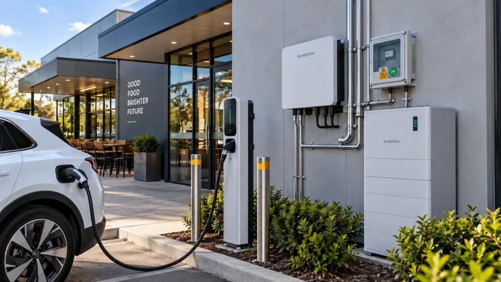 EV charging outside a restaurant with battery storage installed