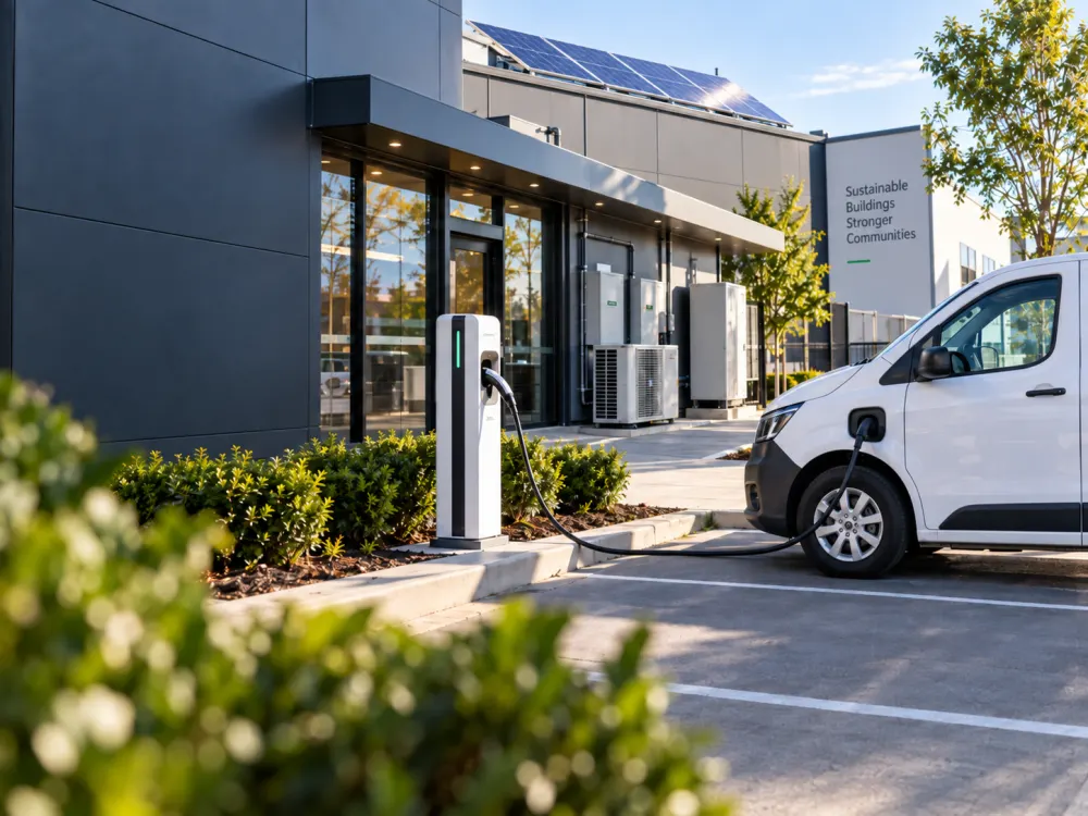 Electric work van charging outside a commercial building