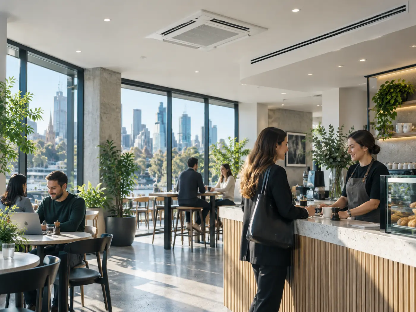 Café fitted with a ceiling cassette air conditioning unit