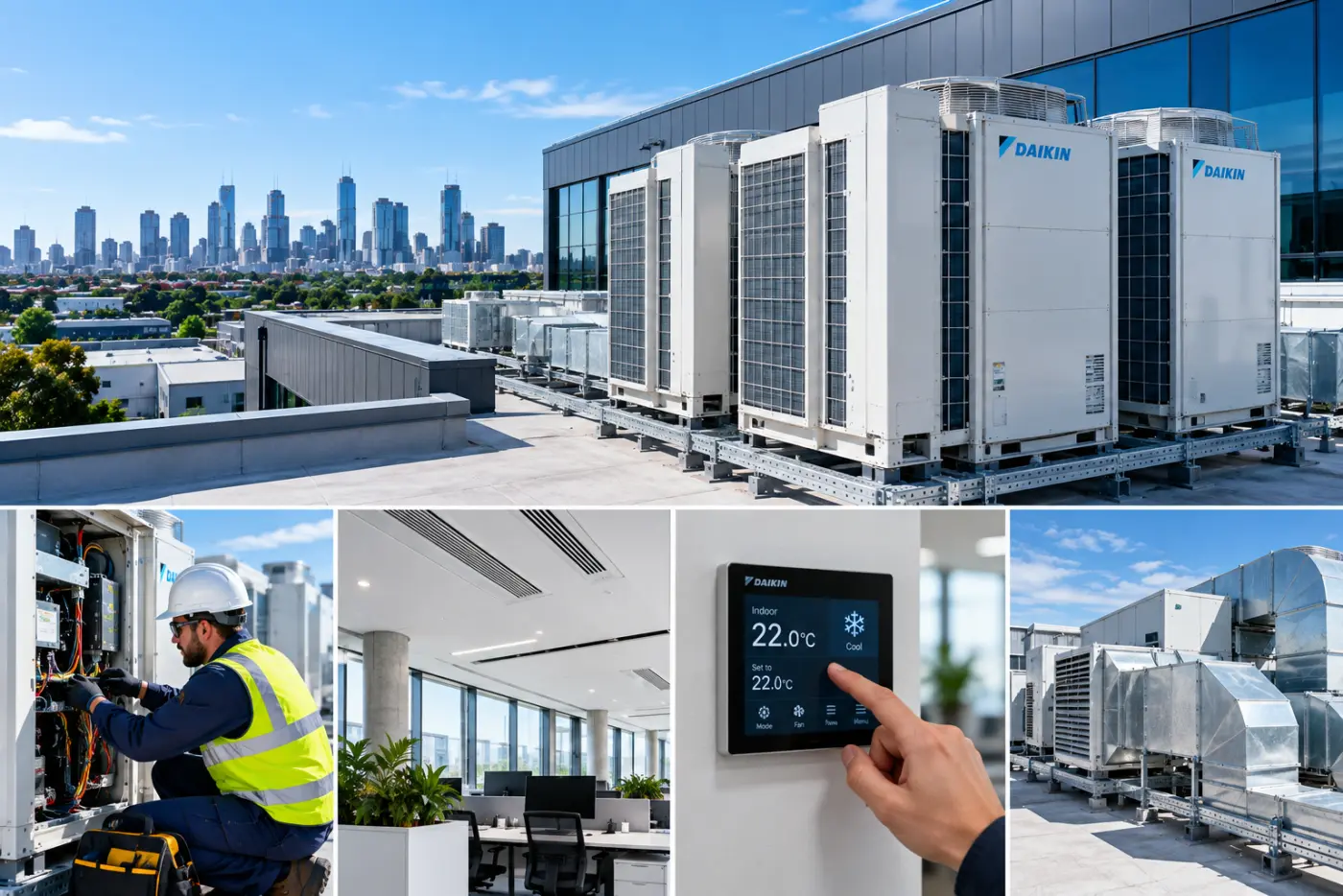 Commercial heating and cooling installation, control panel and office comfort overview