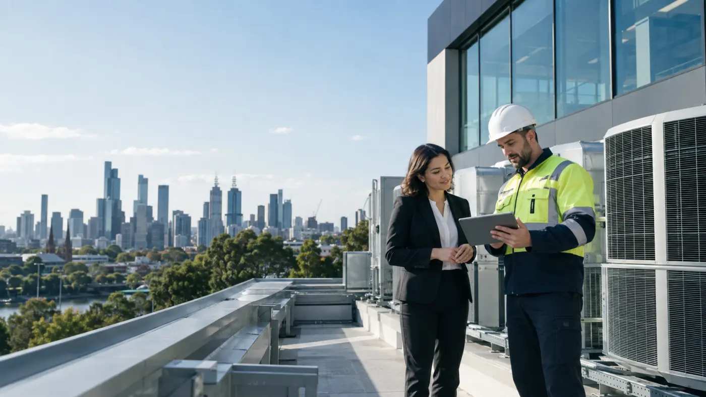 Business owner consulting with a technician on a commercial rooftop