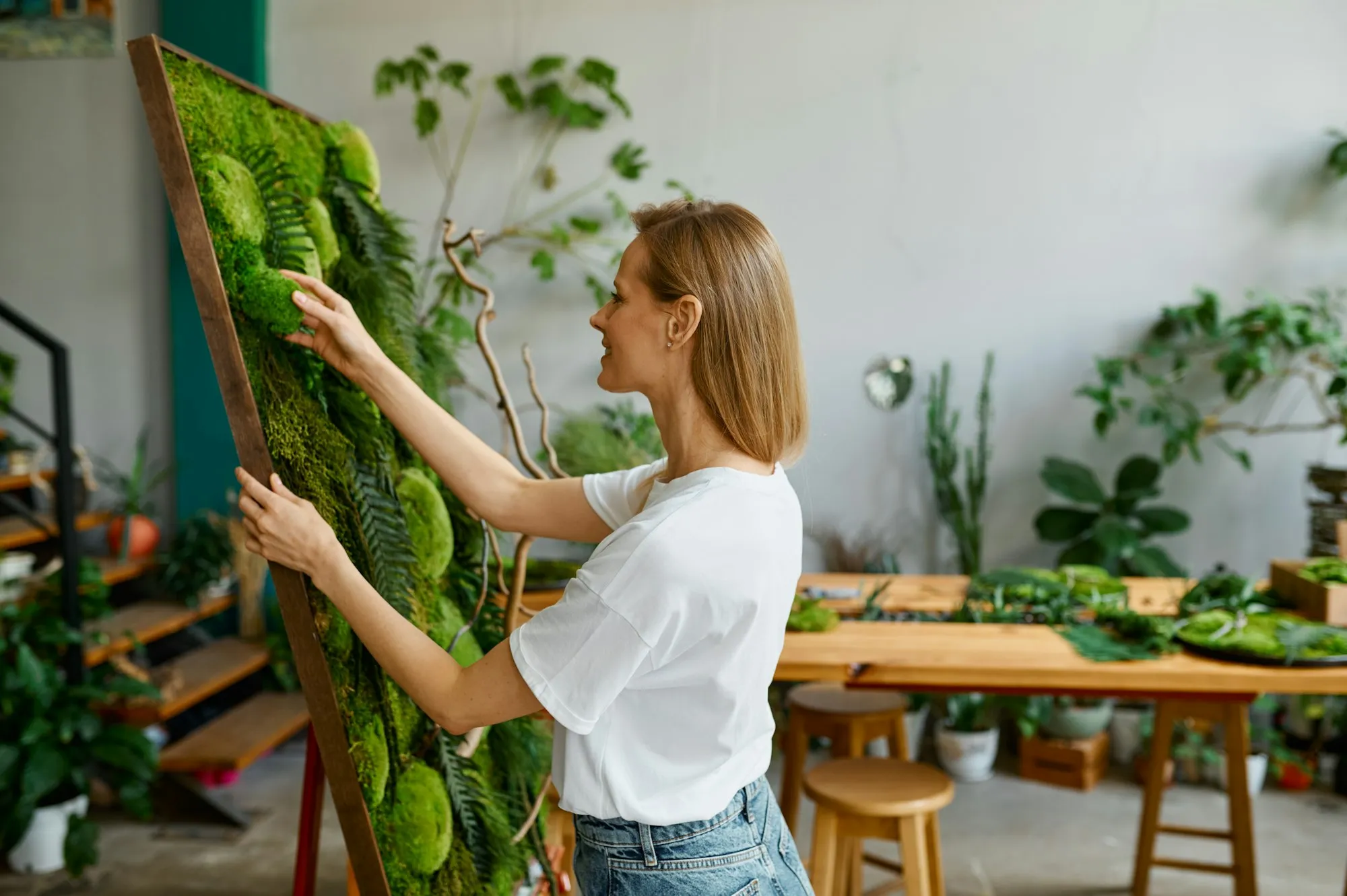 Sustainable living space with a green plant wall