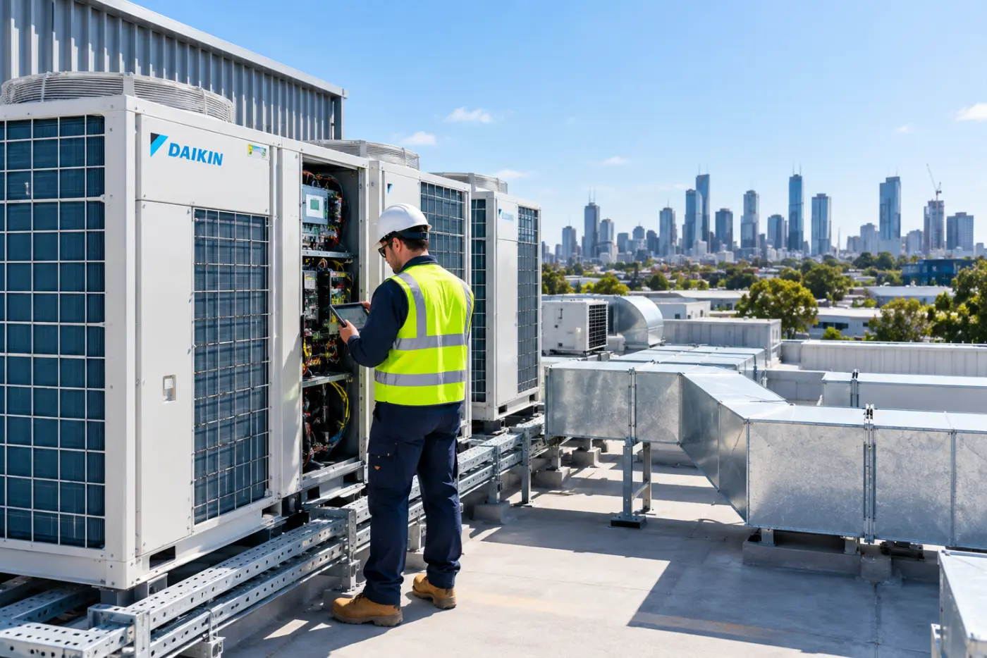 Technician servicing rooftop commercial air conditioning units above the Melbourne skyline