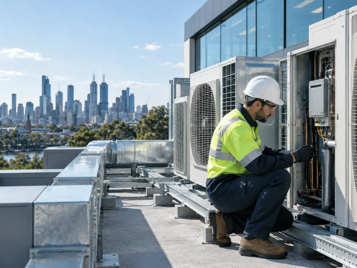 Technician servicing a commercial reverse-cycle outdoor unit