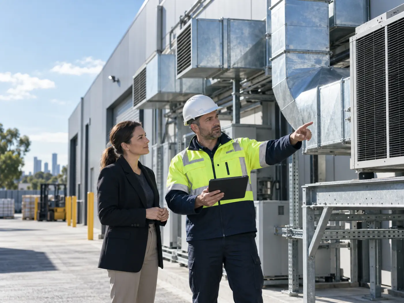 Technician and business owner reviewing a warehouse HVAC system