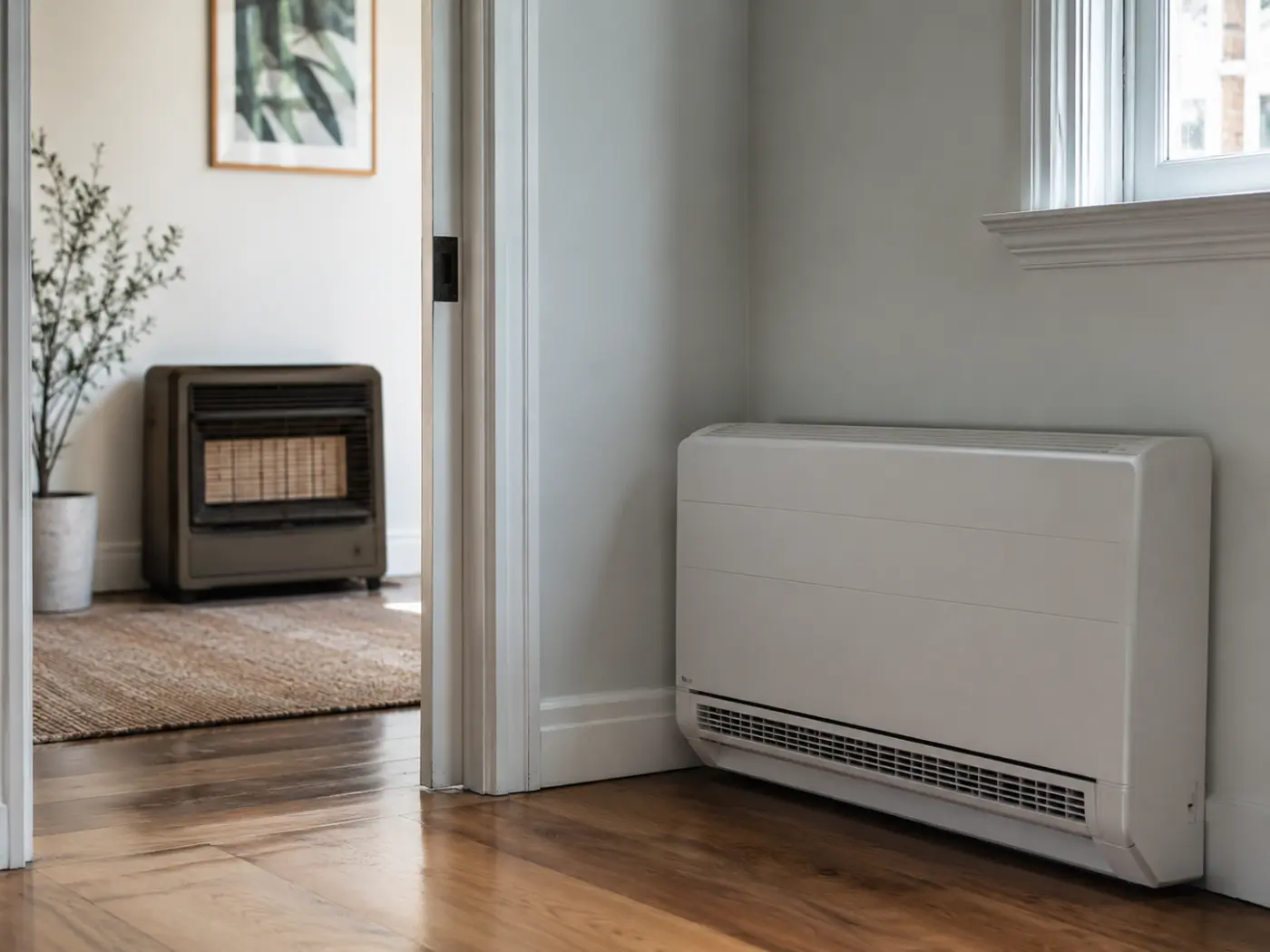 Old gas heater beside a modern efficient electric heating unit