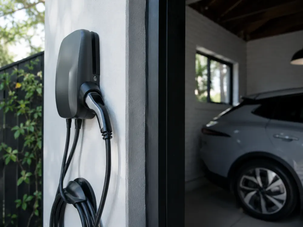 Home EV charger installed beside a garage