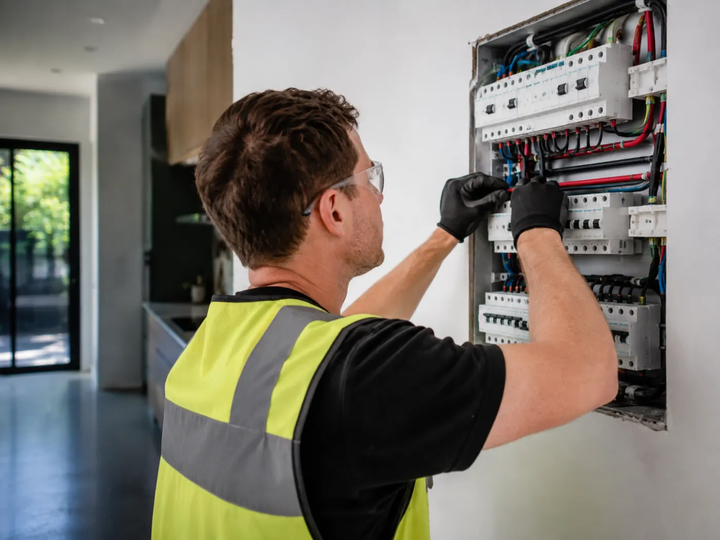 Electrician upgrading a home switchboard as part of an electrification plan