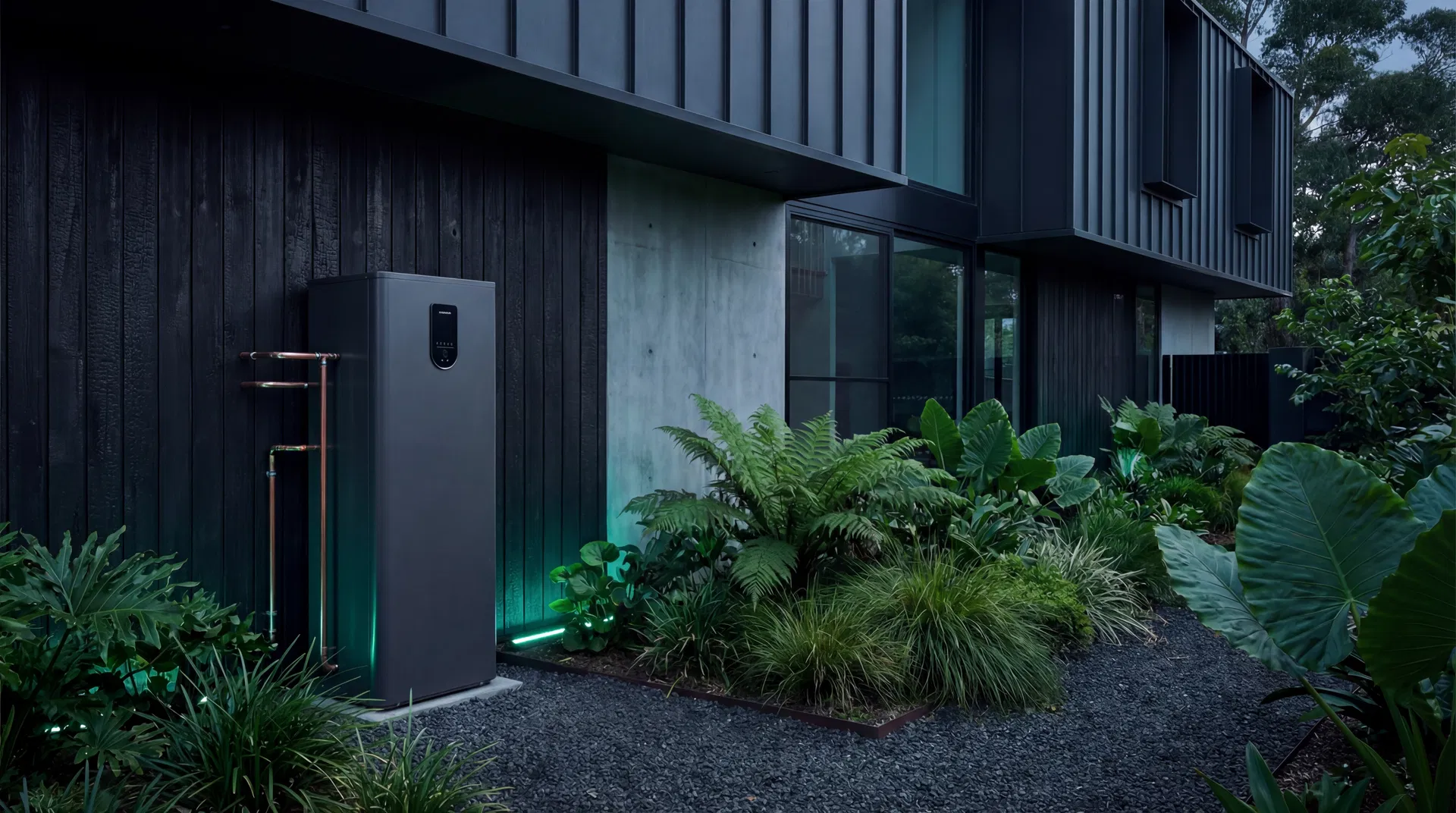 Modern heat pump hot water unit installed outside a contemporary home