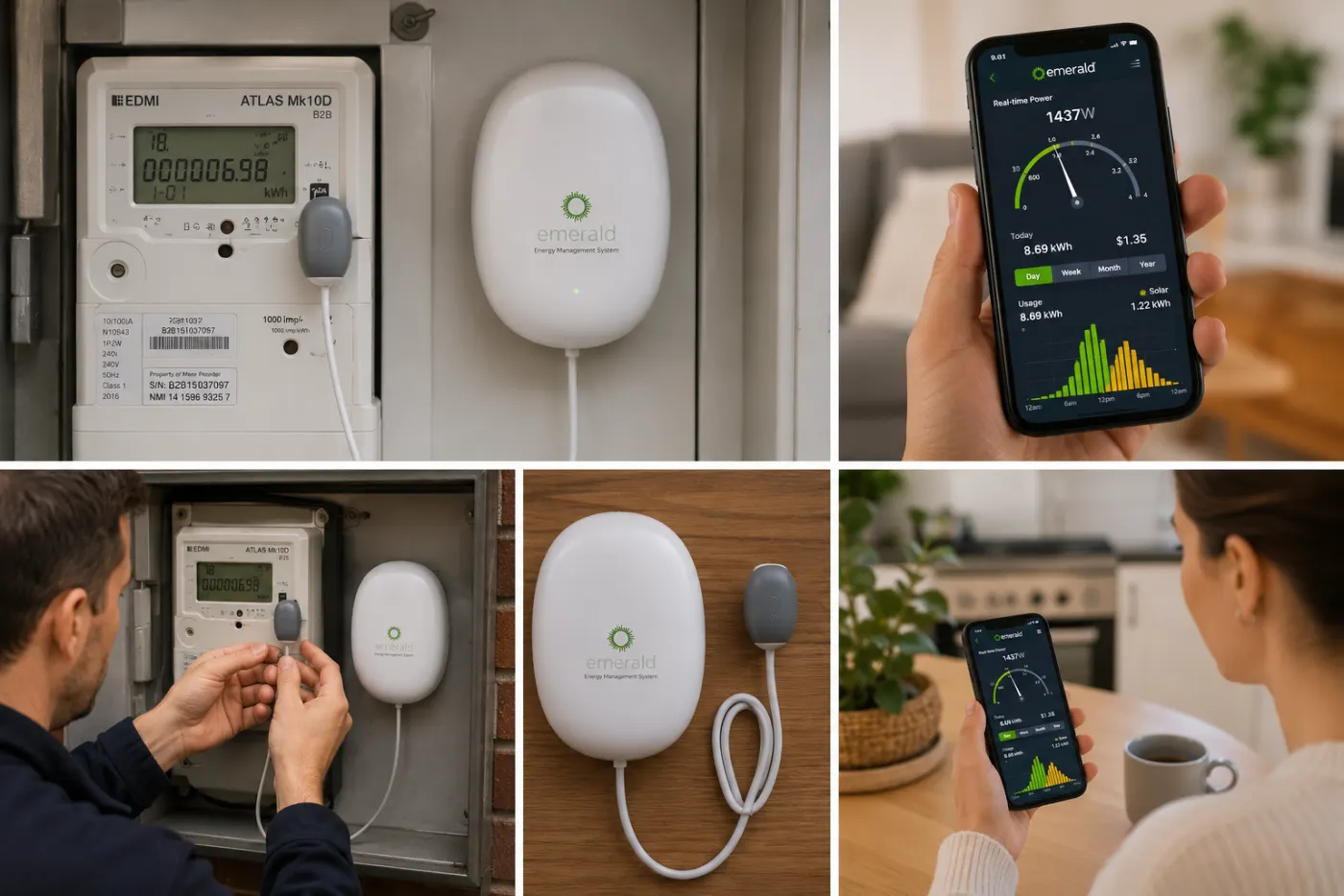 Technician installing an in-home energy display and a household monitoring usage on the app