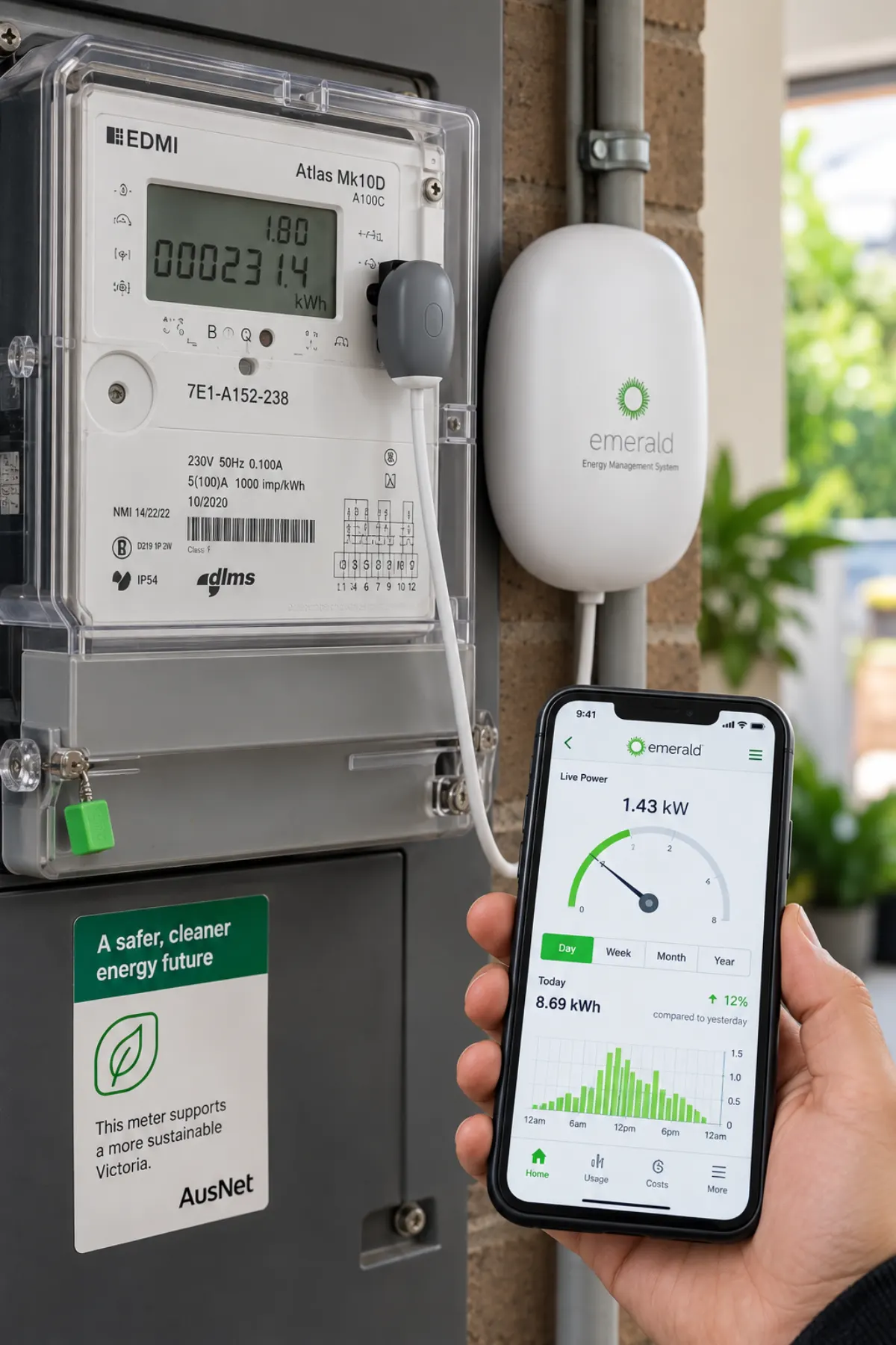 Emerald in-home energy display installed beside a smart meter, with live usage on a phone app
