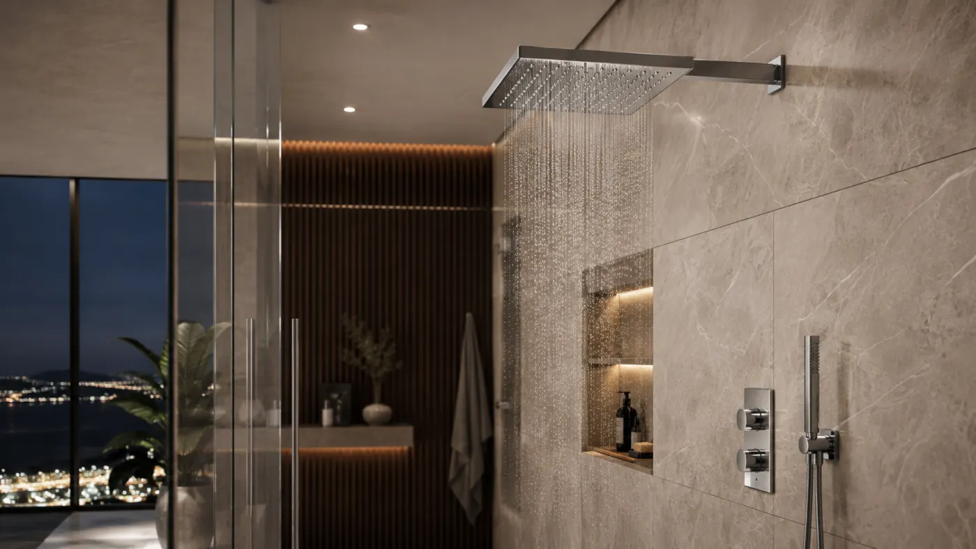 Luxury rain shower and hand shower with overlooking city view