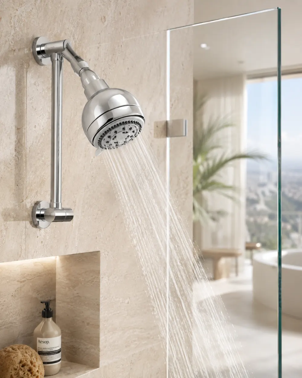 Multi-function water-efficient shower head installed in a bright bathroom