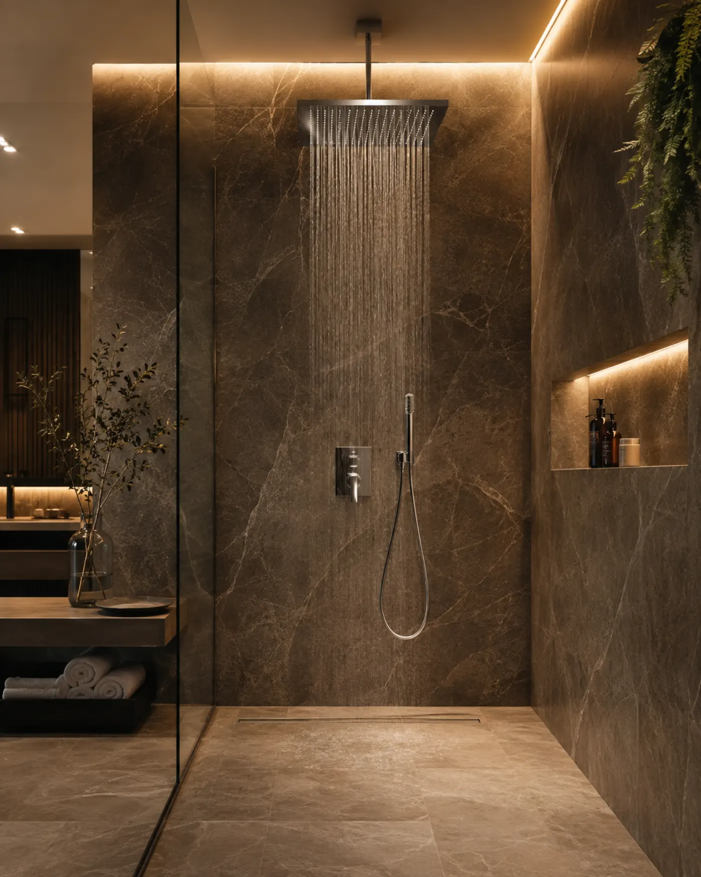 Water-efficient rain shower installed in a spa-style bathroom
