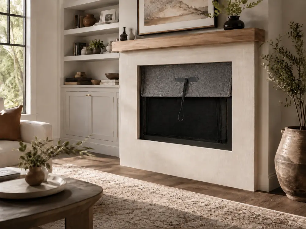 Chimney draft stopper installed in a living room fireplace