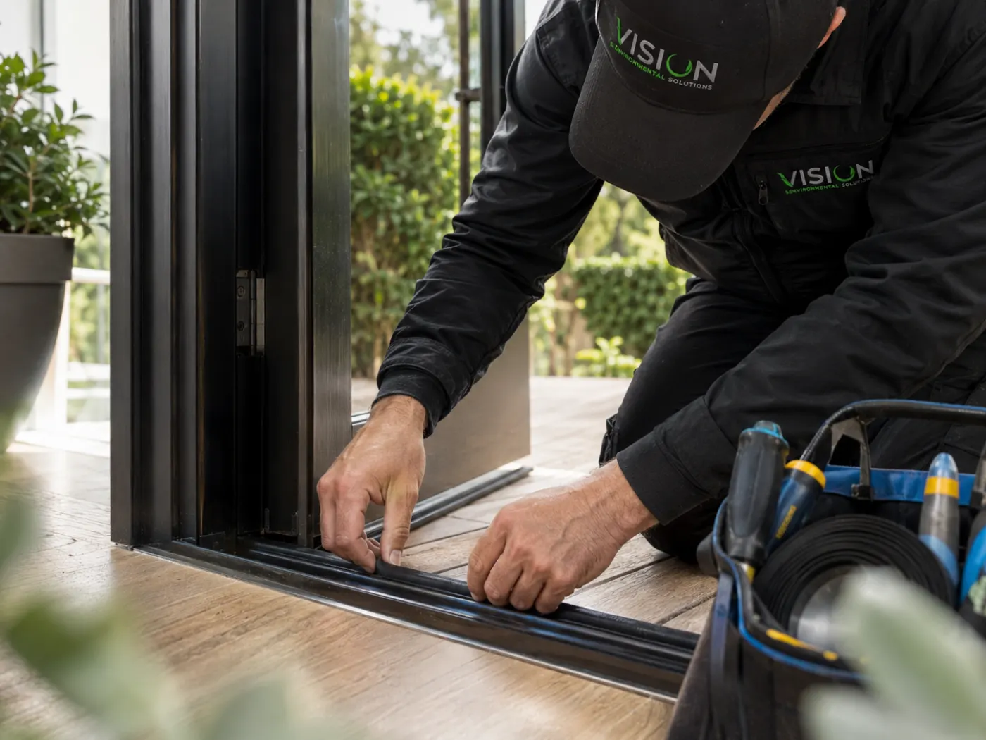 Vision Environmental Solutions technician installing a weather seal on a bi-fold door