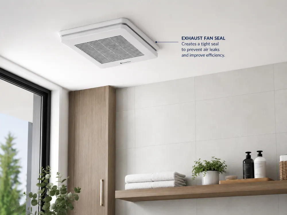 Bathroom exhaust fan fitted with a weather seal to prevent air leaks
