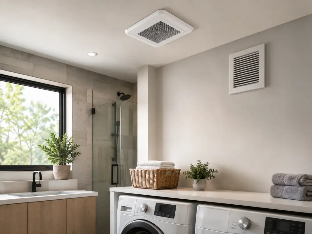 Ceiling exhaust fan and wall vent in a home bathroom and laundry