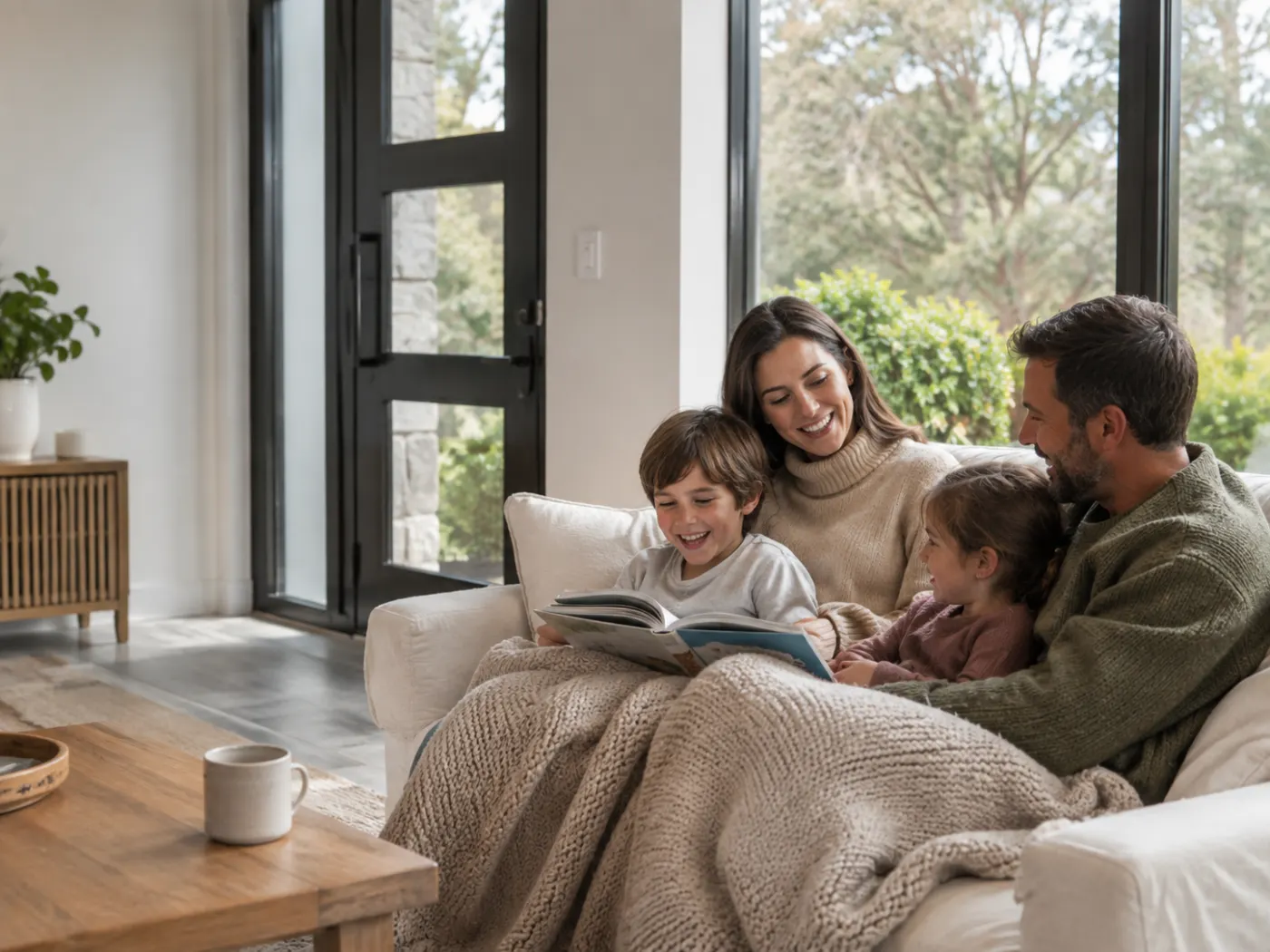 Family relaxing comfortably together at home