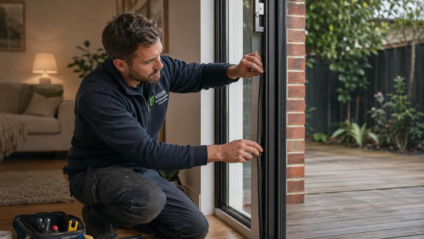Vision Environmental Solutions technician weather sealing a sliding door